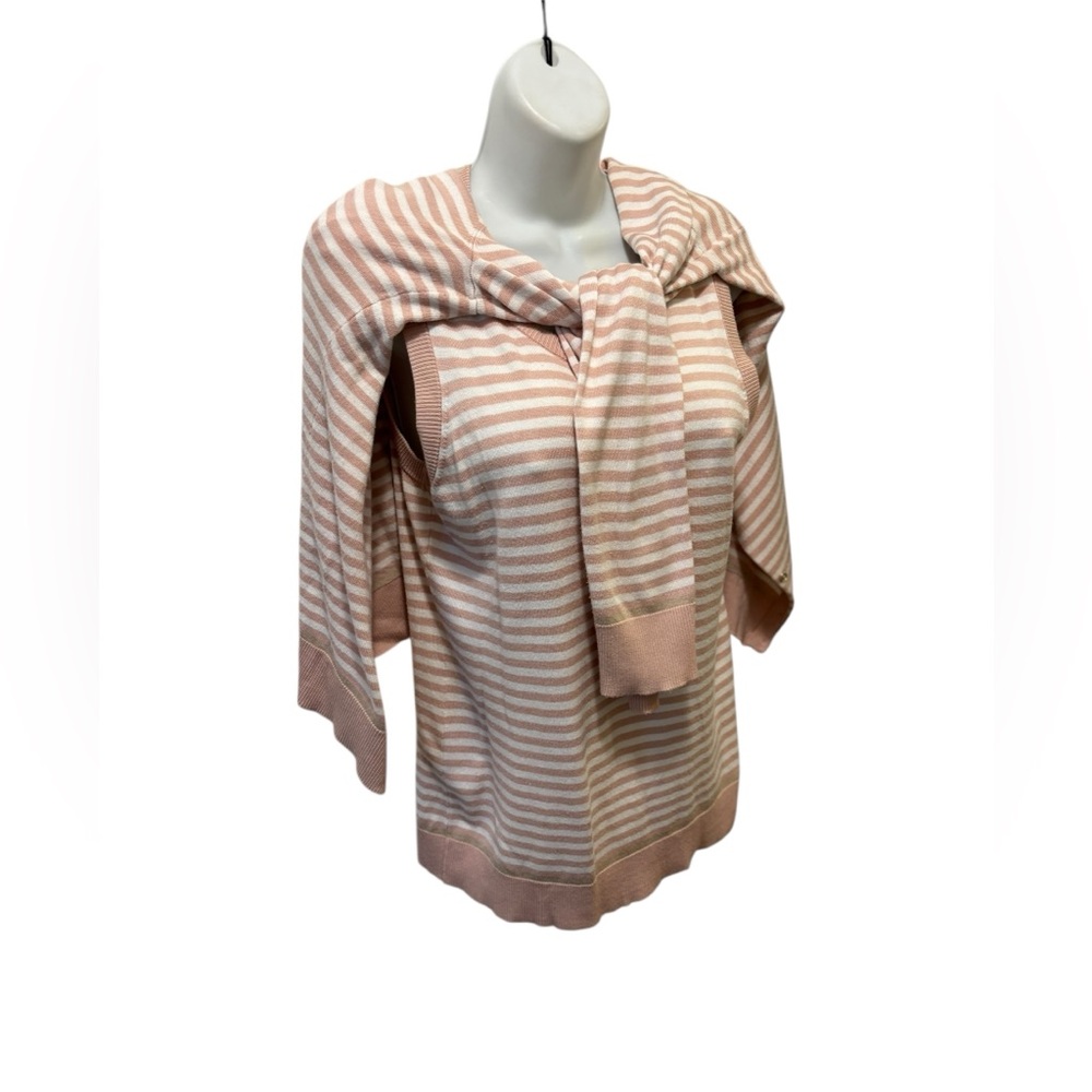 Calvin Klein Dusty Pink White Stripe Twinset Sz M Cardigan Shell Soft Rayon
